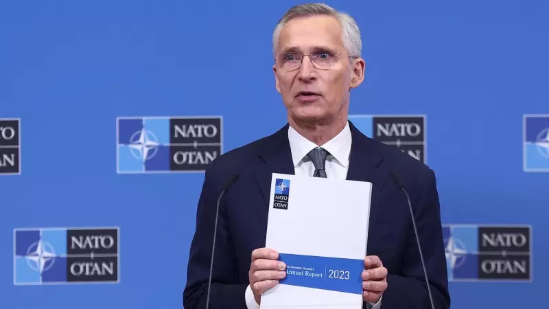14/3/24 - El secretario general de la OTAN, Jens Stoltenberg, presenta el informe anual de la alianza en la sede de la OTAN en Bruselas, Bélgica, el 14 de marzo de 2024.