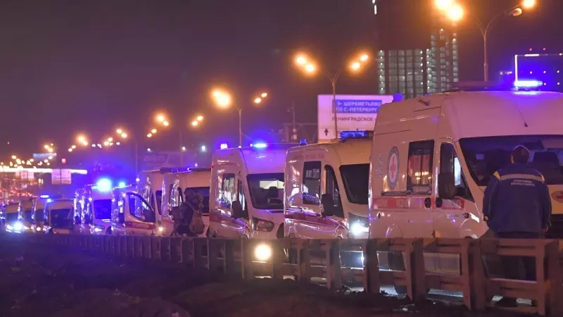 Ambulancias en el lugar del atentado, a 22 de marzo de 2024