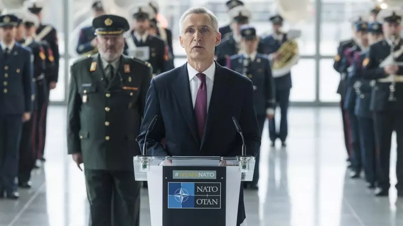 El Secretario General de la OTAN, Jens Stoltenberg, pronuncia un discurso durante la ceremonia de celebración del 75º aniversario de la OTAN en la sede de la OTAN.