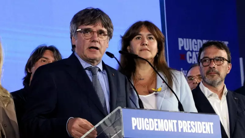 Carles Puigdemont durante su comparecencia al final de la jornada electoral en Argelèrs.