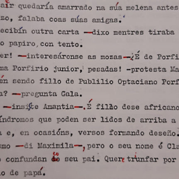 Correcciones de Xela Arias a un fragmento de la novela de María Xosé Queizán, 'Amantia' (2001).