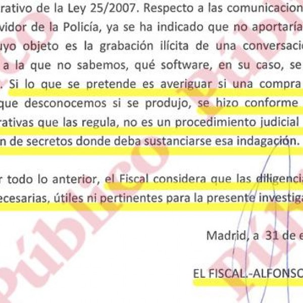 Escrito del fiscal San Román rehusando investigar la compra ilegal del spyware Pegasus