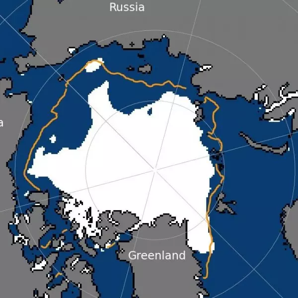 La extensión del hielo marino del Ártico para el 18 de septiembre de 2022 fue de 4,67 millones de kilómetros cuadrados (1,80 millones de millas cuadradas). La línea naranja muestra la extensión promedio de 1981 a 2010 para ese día.
