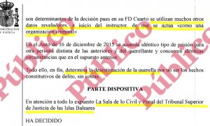 Fragmento del auto del TSJ de Baleares desestimando la querella de un imputado de Cursach contra el juez que instruyó la causa.