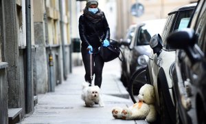 Una mujer con mascarilla pasea a su perro durante la crisis del coronavirus. (Reuters)