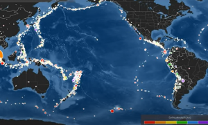 Localización de terremotos en el océano Índico oriental y el anillo de fuego del Pacífico.