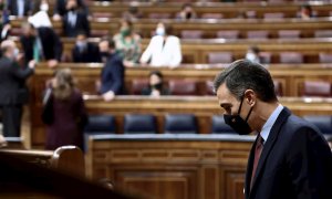 El presidente del Gobierno,Pedro Sánchez durante el debate de la moción de censura presentada por Vox contra el gobierno de coalición, este miércoles en el Congreso de los Diputados. EFE/Mariscal