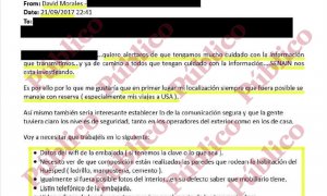 Email enviado por Morales desde el Hotel Venetian de Las Vegas alertando a sus hombres en España e indicándoles las acciones a tomar para espiar la Embajada de Ecuador en Londres.