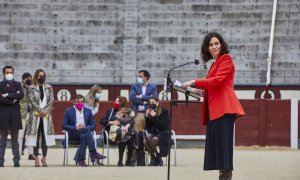 La presidenta de la Comunidad de Madrid, Isabel Díaz Ayuso interviene en un acto en la plaza de toros de Las Ventas, el pasado 8 de abril de 2021.