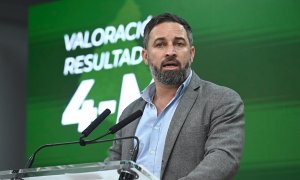 El líder de Vox, Santiago Abascal durante la rueda de prensa tras la reunión del Comité de Acción Política en la sede del partido este miércoles.