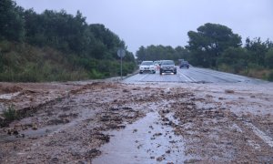 Imatge d'aquest 1 de setembre de l'N-340 entre Sant Carles de la Ràpita i Alcanar, amb fang i aigua a la calçada a causa dels aiguats.