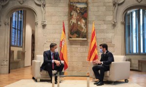 Pedro Sánchez i Pere Aragonès en la reunió que han mantingut aquest dimecres al Palau de la Generalitat.