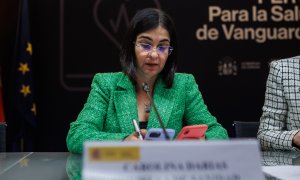 La ministra de Sanidad, Carolina Darias, durante la primera reunión de la Alianza de Salud de Vanguardia, en el Ministerio de Ciencia e Innovación, a 20 de abril de 2022, en Madrid.