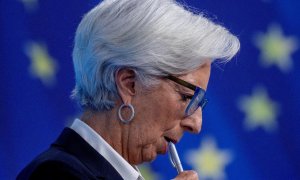 La presidenta del BCE, Christine Lagarde, durante su comparecencia tras la reunión del Consejo de Gobierno de la entidad del pasado febrero, en la sede del banco, en Fráncfort. REUTERS/Michael Probst/Pool