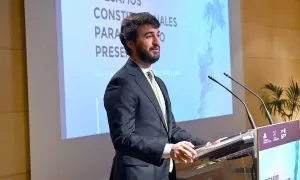 Imagen del vicepresidente de Castilla y León, Juan García-Gallardo, en la apertura del congreso antiabortista.