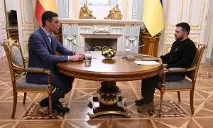 El presidente del Gobierno, Pedro Sánchez, se reúne este jueves con el presidente de Ucrania, Volodímir Zelenski, en Kiev, Ucrania, a 23 de febrero de 2023.