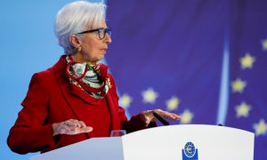 La presidenta del BCE, Christine Lagarde, durante la rueda de prensa para explicar la nueva subida de tipos de interés este 16 de marzo de 2023 en Frankfurt.