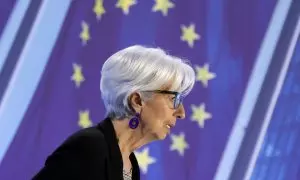 La presidenta del Banco Central Europeo (BCE), Christine Lagarde, en rueda de prensa tras la reunión del Consejo de Gobierno del BCE.