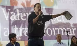El exvicepresidente del Gobierno y exlíder de Podemos Pablo Iglesias, interviene durante un acto de cierre de campaña de Unides Podem-Esquerra Unida, en València, a 26 de mayo de 2023.