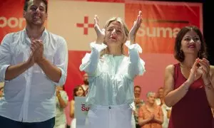 La candidata de Sumar a la Presidencia del Gobierno, Yolanda Díaz, un mitin de campaña electoral el viernes 7 de julio, en Zaragoza.