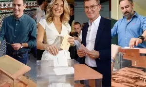Pedro Sánchez, Alberto Núñez Feijóo, Yolanda Díaz y Santiago Abascal, ejerciendo su derecho a voto este 23J.