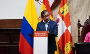 El presidente de Colombia, Gustavo Petro, interviene tras recoger la Medalla de la Universidad de Salamanca, a 5 de mayo de 2023, en Salamanca, Castilla y León (España).
