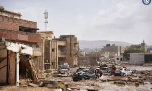 Imagen distribuida por el Departamento de Comunicación del Gobierno de Libia en una red social que muestra los destrozos en la ciudad de Derna, la más afectada por las lluvias torrenciales que han dejado por el momento unas 2.400 víctimas mortales y 10.00