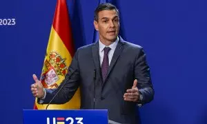 El presidente del Gobierno en funciones, Pedro Sánchez en la rueda de prensa tras la cumbre informal de la Unión Europea en Granada, a 6 de octubre de 2023.