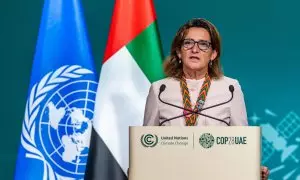 La representante de la Presidencia de la Unión Europea y ministra para la Transición Ecológica, Teresa Ribera, en una rueda de prensa en Dubái, a 9/12/2023
