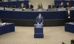 El presidente del Gobierno, Pedro Sánchez, comparece ante el Parlamento Europeo, a 13 de diciembre de 2023, en Estrasburgo (Francia)