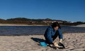 9/1/24 Una voluntaria recoge pellets el pasado fin de semana en una playa de A Coruña.