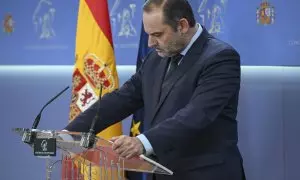 El exministro José Luis Ábalos, durante la rueda de prensa que ha ofrecido este martes en el Congreso.