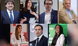 Los candidatos a las elecciones de Euskadi: Eneko Andueza (PSE-EE); Miren Gorrotxategi (Elkarrekin Podemos); Pello Otxandiano (EH Bildu); Javier De Andrés (PP); Alba García (Sumar); Imanol Pradales (PNV); y Amaia Martínez (Vox).