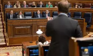 El presidente del PP, Alberto Núñez Feijóo, interviene durante una sesión de control al Gobierno, en el Congreso de los Diputados, a 28 de febrero de 2024