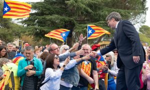El expresident de la Generalitat y candidato a las elecciones catalanas Carles Puigdemont durante un acto en Elna (Francia), a 6 de abril de 2024.