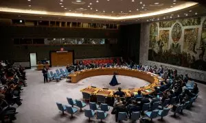 Miembros del Consejo de Seguridad asisten a una reunión sobre la situación en Oriente Medio en la sede de la ONU en Nueva York, EEUU, a 14 de abril de 2024.