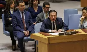 El ministro de Exteriores, José Manuel Albares, durante el debate del Consejo de Seguridad de Naciones Unidas para que Palestina sea miembro de pleno derecho.