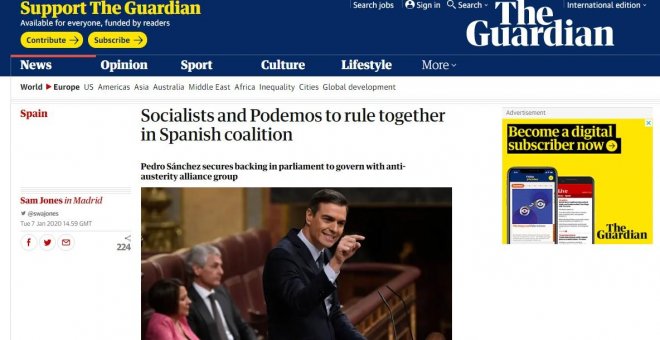 Gran repercusión en la prensa internacional sobre el "primer Gobierno de coalición de la España moderna"