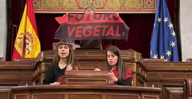 Dos activistas de Futuro Vegetal se pegan al atril del Congreso para protestar contra las subvenciones a las macrogranjas