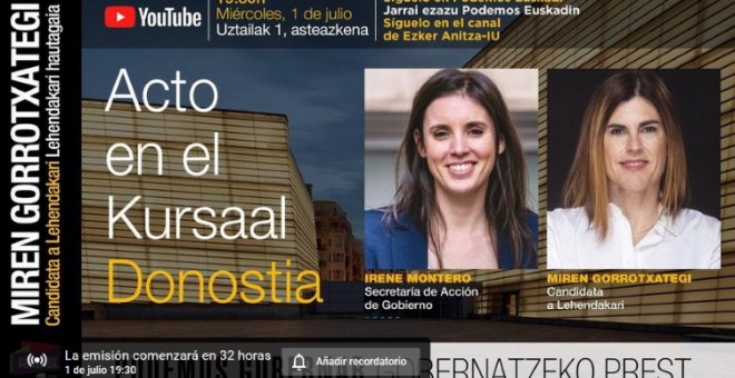 Irene Montero participa este miércoles en un acto de campaña en Donostia