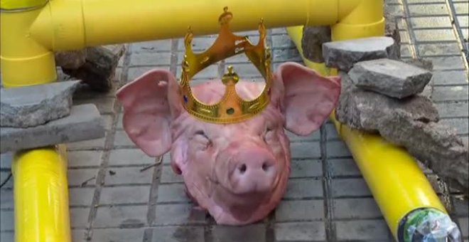 Los CDR colocan en Barcelona una guillotina de cartón con una cabeza de cerdo y una foto del rey