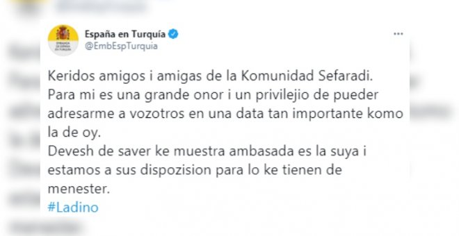 La embajada de España publica un tuit en ladino, varios tuiteros se mofan y otros explican que es un tesoro lingüístico