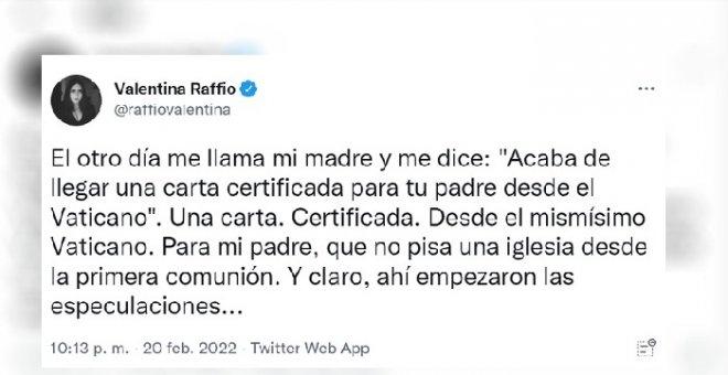 Una periodista cuenta que su familia ha recibido cartas certificadas del Vaticano y el contenido de las misivas sorprende a Twitter