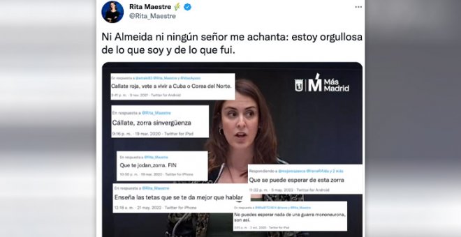 Rita Maestre muestra a Almeida los mensajes machistas y de odio que recibe en Twitter: "Ningún señor me achanta"