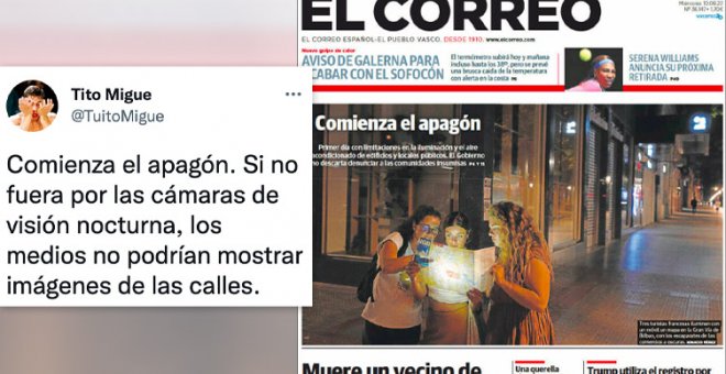 Críticas a la portada de 'El Correo' sobre el "apagón" por el plan de ahorro energético: "Están literalmente a dos metros de una farola"