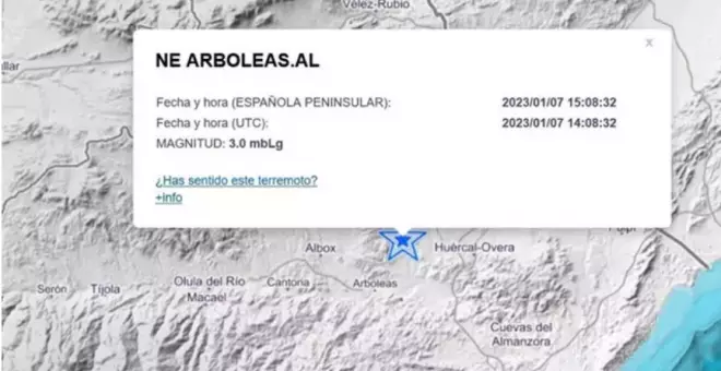 Registrado un terremoto de magnitud 3 al noreste de la localidad almeriense de Arboleas