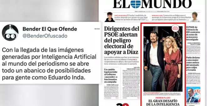 Las fotos de Pablo Iglesias y Yolanda Díaz con inteligencia artificial en 'El Mundo' provocan el debate: "Esto abre una puerta muy turbia"