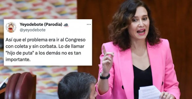 Ayuso se jacta de haber insultado a Pedro Sánchez y bromea con ello en la Asamblea: "Qué vergüenza ajena"