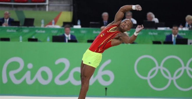 Ray Zapata, durante su ejercicio de gimnasia en los Juegos. EFE/SEBASTIÃO MOREIRA