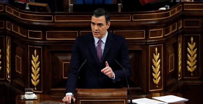 El presidente del Gobierno en funciones, Pedro Sánchez, hoy sábado en el Congreso de los Diputados durante su intervención